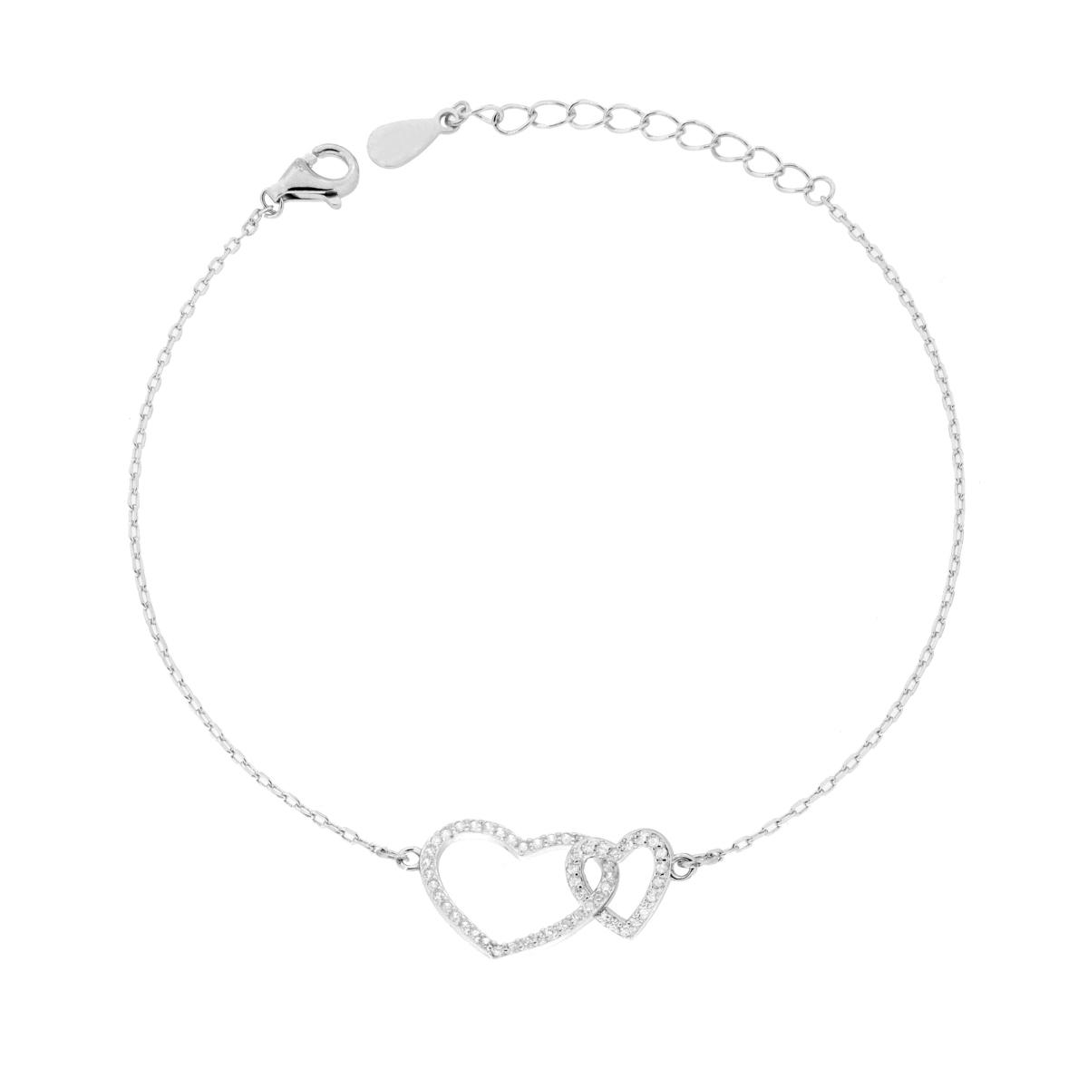 Bracciale Catena Forzatina Diamantata con Cuori Incrociati e Cubic Zirconia Bianchi in ARGENTO 925 Galvanica Rodio