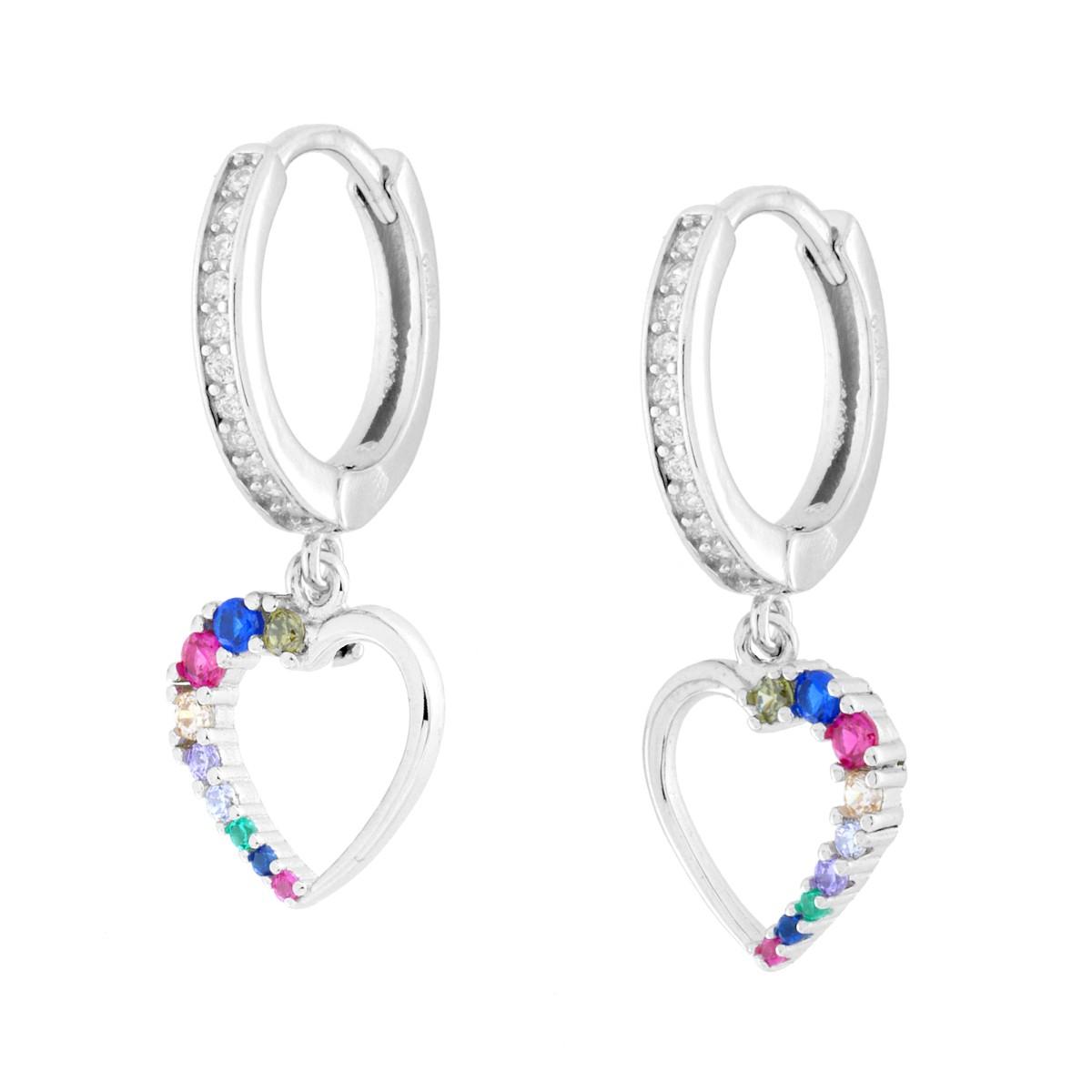 Orecchini Cerchio con Cuore e Cubic Zirconia Multicolor in ARGENTO 925 Galvanica Rodio