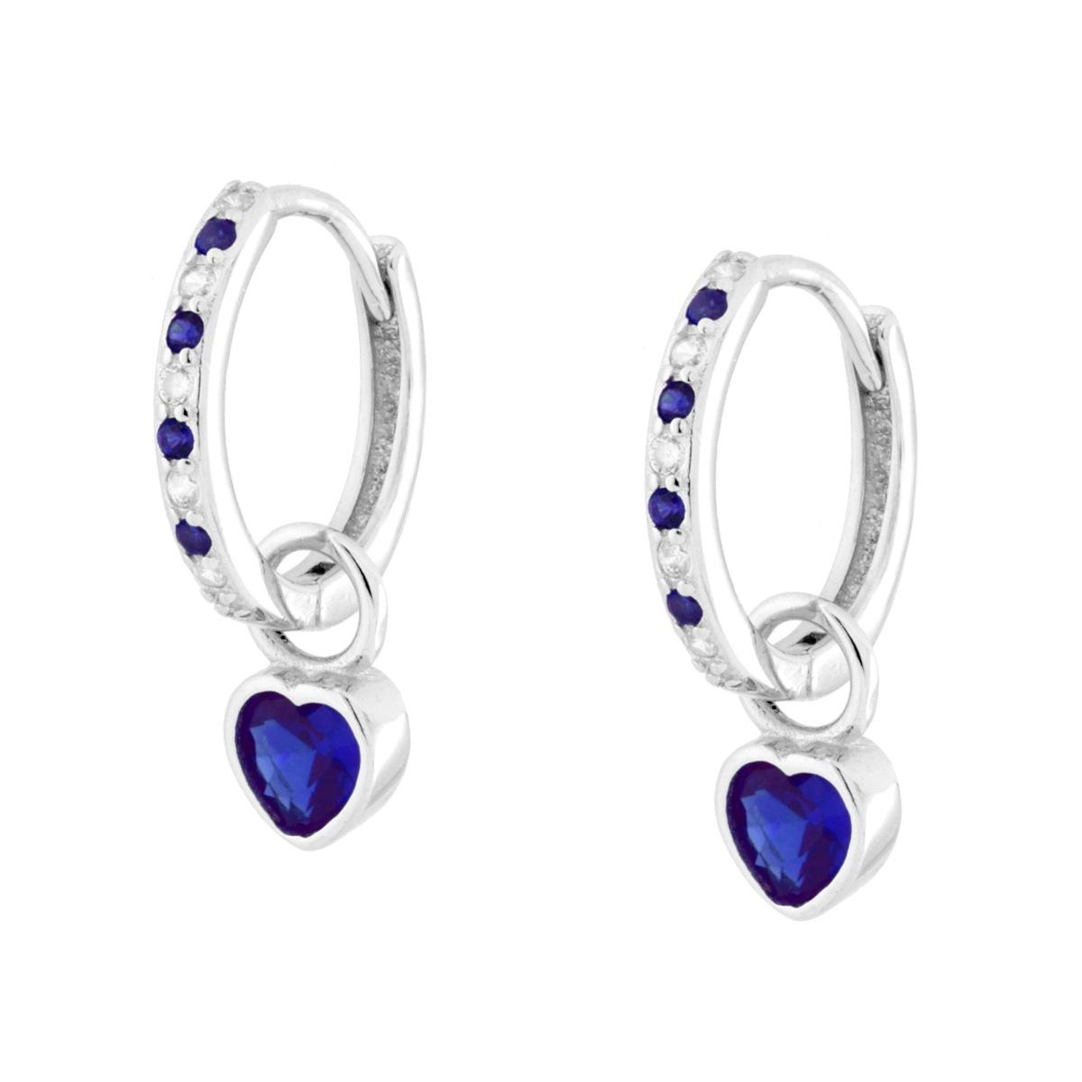 Orecchini Cerchio con Cuore e Cubic Zirconia Blu Zaffiro e Bianco in ARGENTO 925 Galvanica Rodio