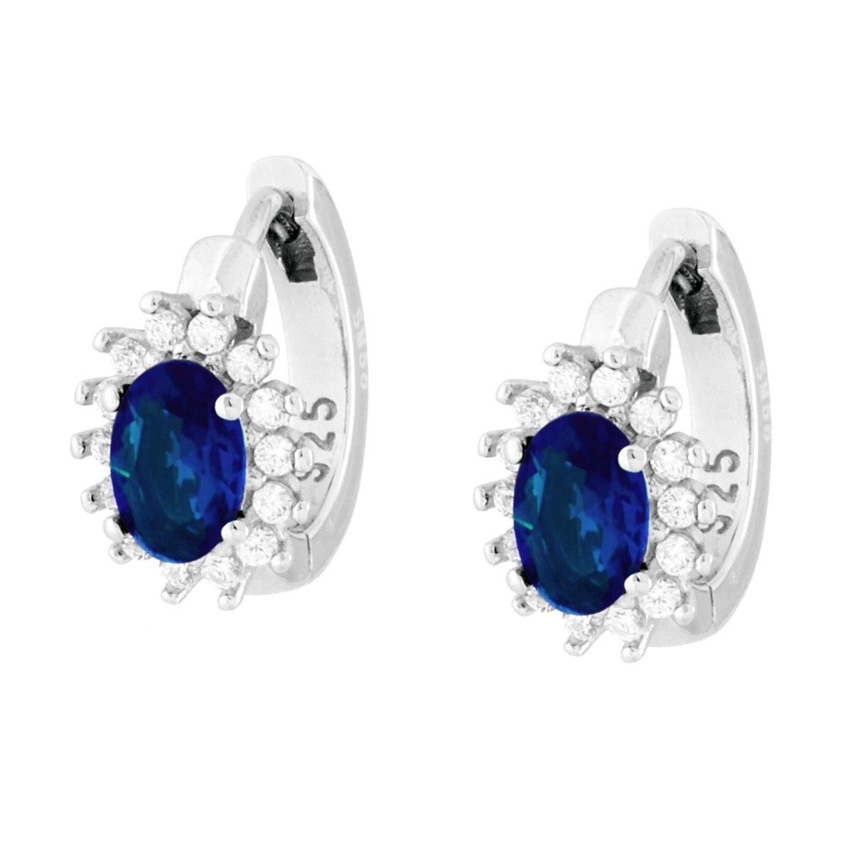 Orecchini Cerchio con Ovale Blu Zaffiro contornato da Cubic Zirconia Bianchi in ARGENTO 925 Galvanica Rodio