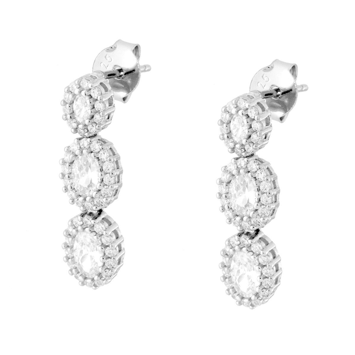 Orecchini con Pendenti Ovali Bianchi contornati da Cubic Zirconia Bianchi in ARGENTO 925 Galvanica Rodio