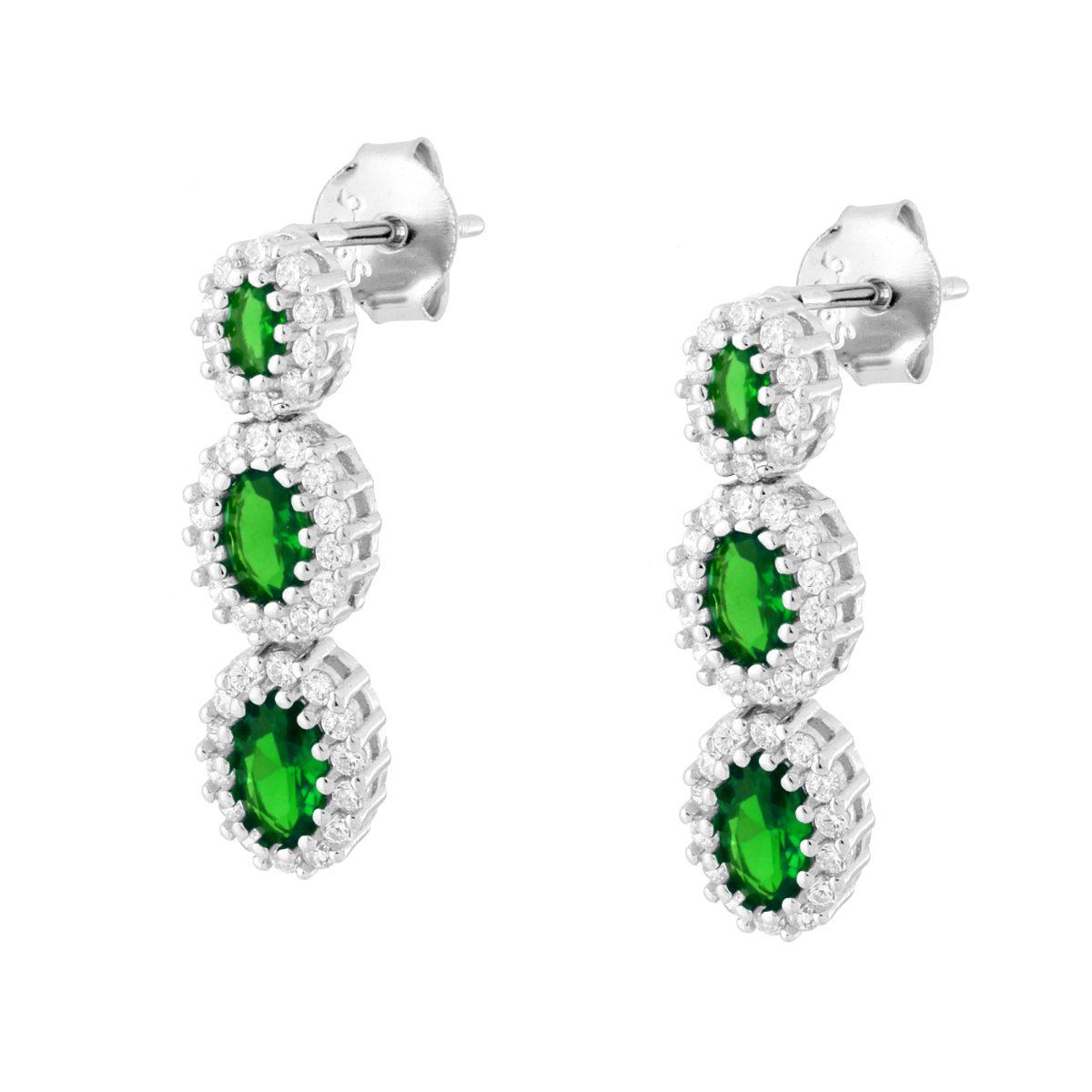 Orecchini con Pendenti Ovali Verde Smeraldo contornati da Cubic Zirconia Bianchi in ARGENTO 925 Galvanica Rodio