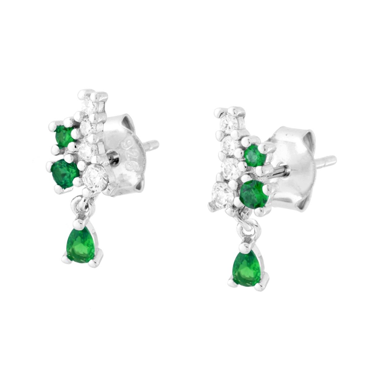 Orecchini con Cubic Zirconia Bianchi e Verde Smeraldo pendenti in ARGENTO 925 Galvanica Rodio