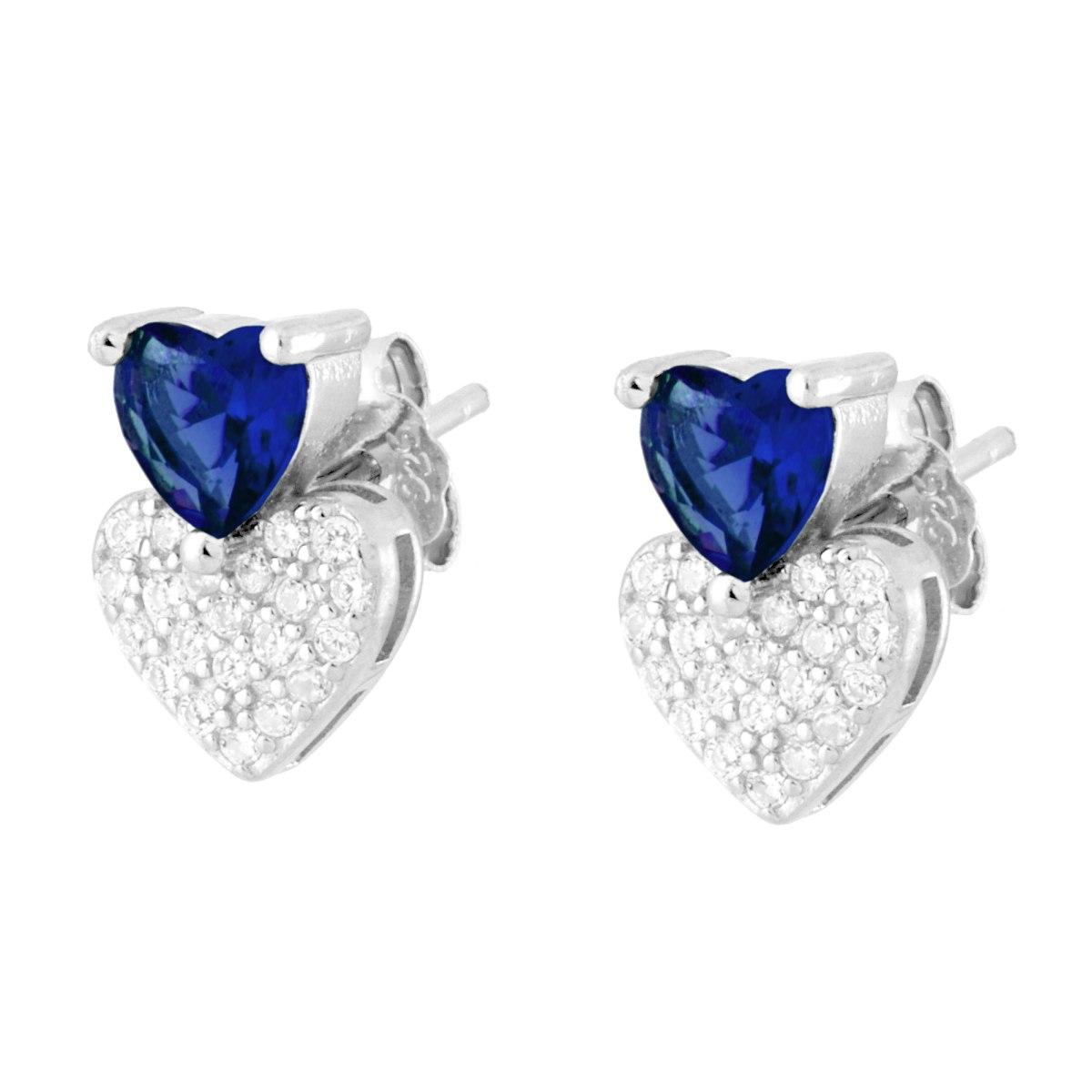 Orecchini Cuori Blu Zaffiro e Cubic Zirconia Bianchi in ARGENTO 925 Galvanica Rodio
