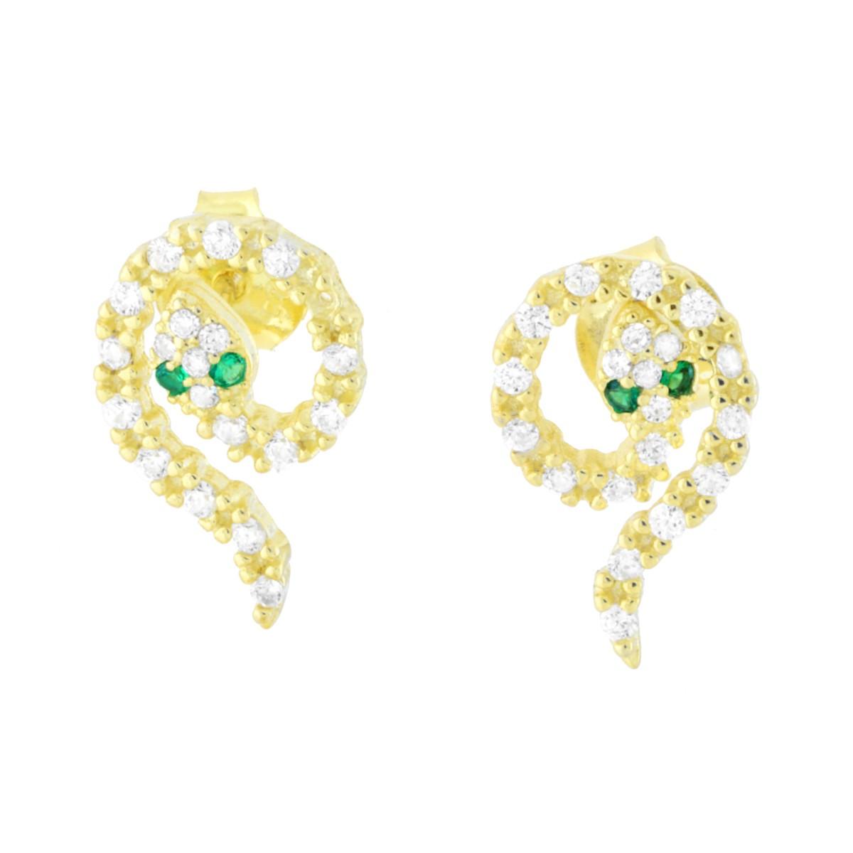 Orecchini Serpente con Cubic Zirconia Bianchi e Verde Smeraldo in ARGENTO 925 Galvanica Oro