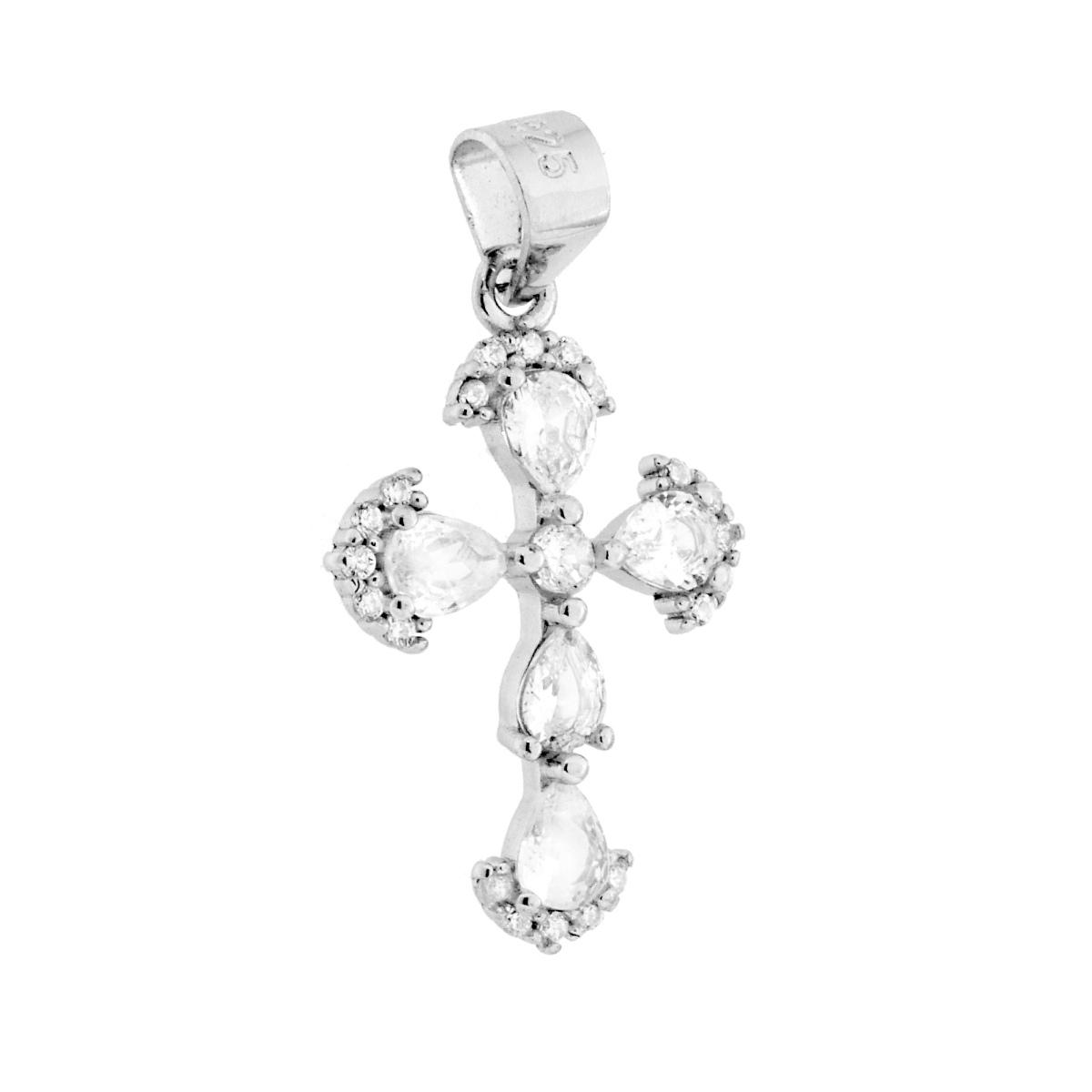 Ciondolo Croce con Gocce Cubic Zirconia Bianchi in ARGENTO 925 Galvanica Rodio