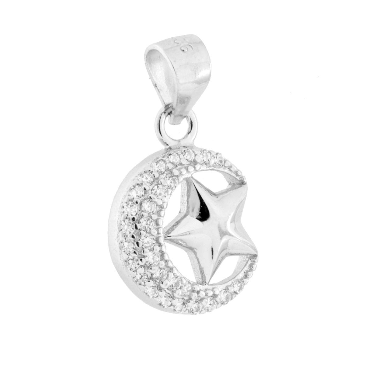 Ciondolo Luna Stella con Cubic Zirconia Bianchi in ARGENTO 925 Galvanica Rodio