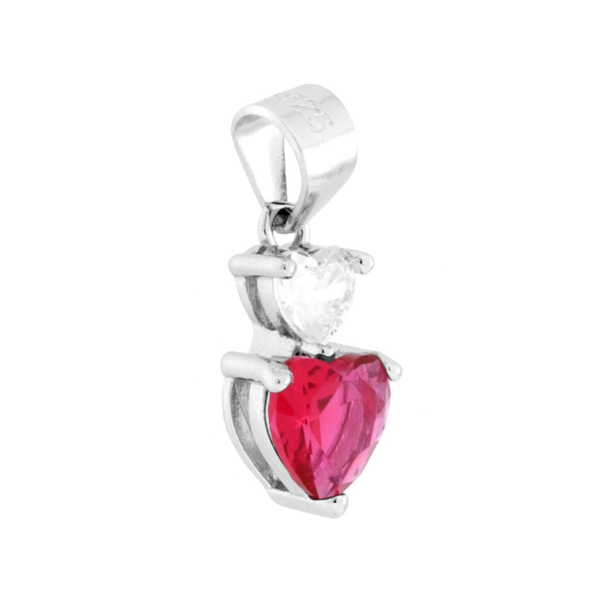 Ciondolo Punto Luce Cuori Cubic Zirconia Bianco e Rosso Rubino in ARGENTO 925 Galvanica Rodio