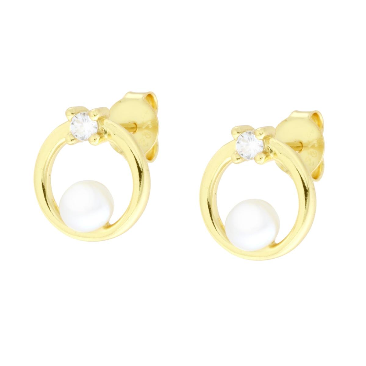 Orecchini Cerchio con Perla Naturale e Cubic Zirconia Bianco in ARGENTO 925 Galvanica Oro