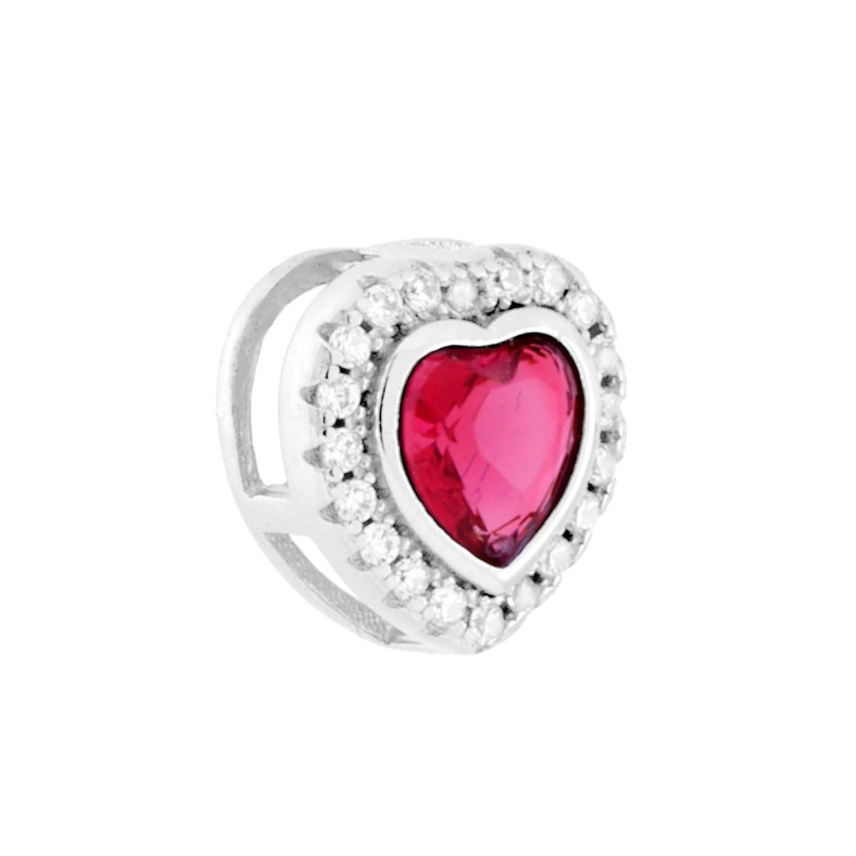 Ciondolo Cuore Rosso Rubino contornato da Cubic Zirconia Bianchi in ARGENTO 925 Galvanica Rodio