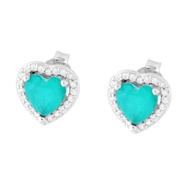 Orecchini Cuore Pietra Naturale Tormalina Paraiba contornati da Cubic Zirconia Bianchi in ARGENTO 925 Galvanica Rodio