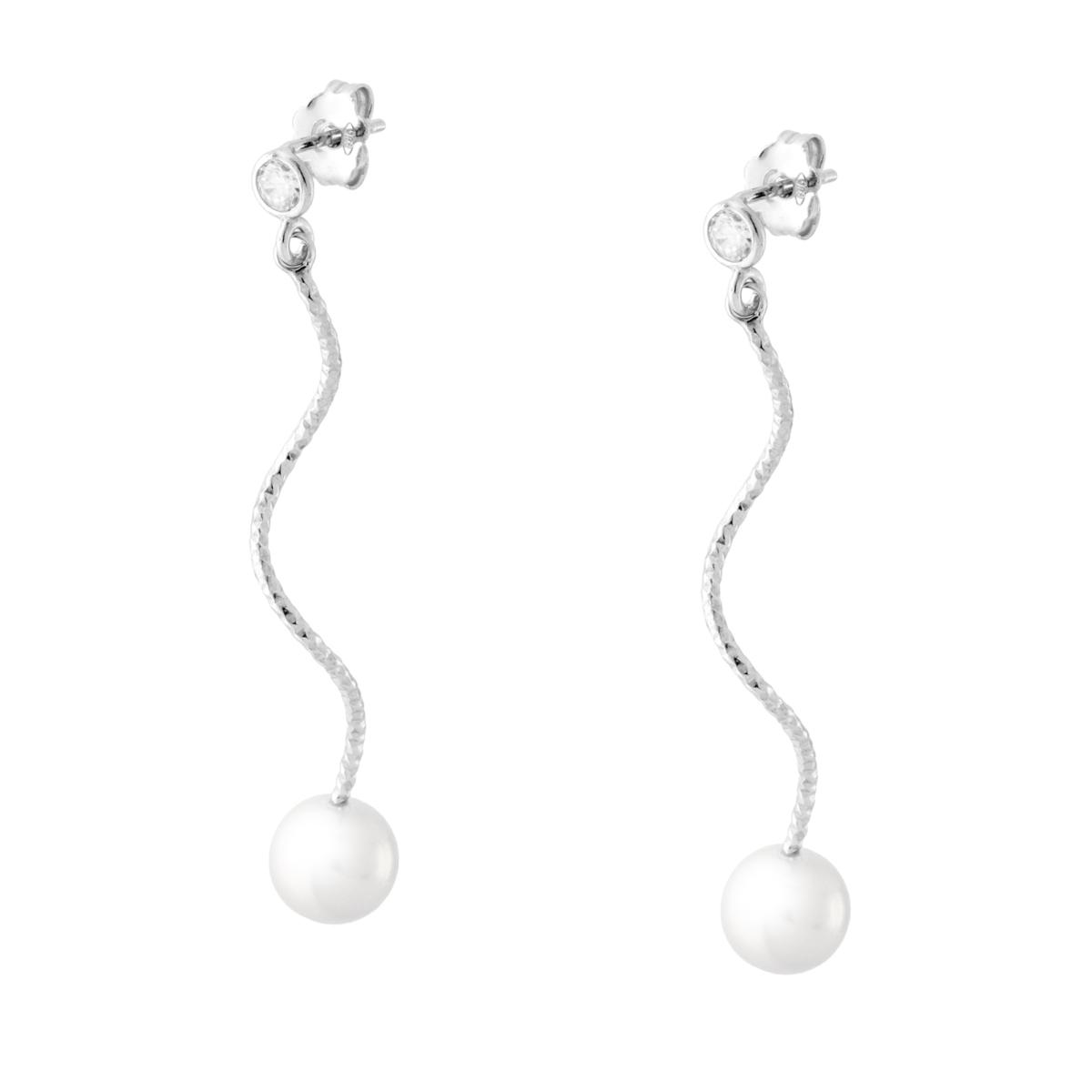 Orecchini Lunghi con Punto Luce Cubic Zirconia Bianco Ricciolo e Perla in ARGENTO 925 Galvanica Rodio