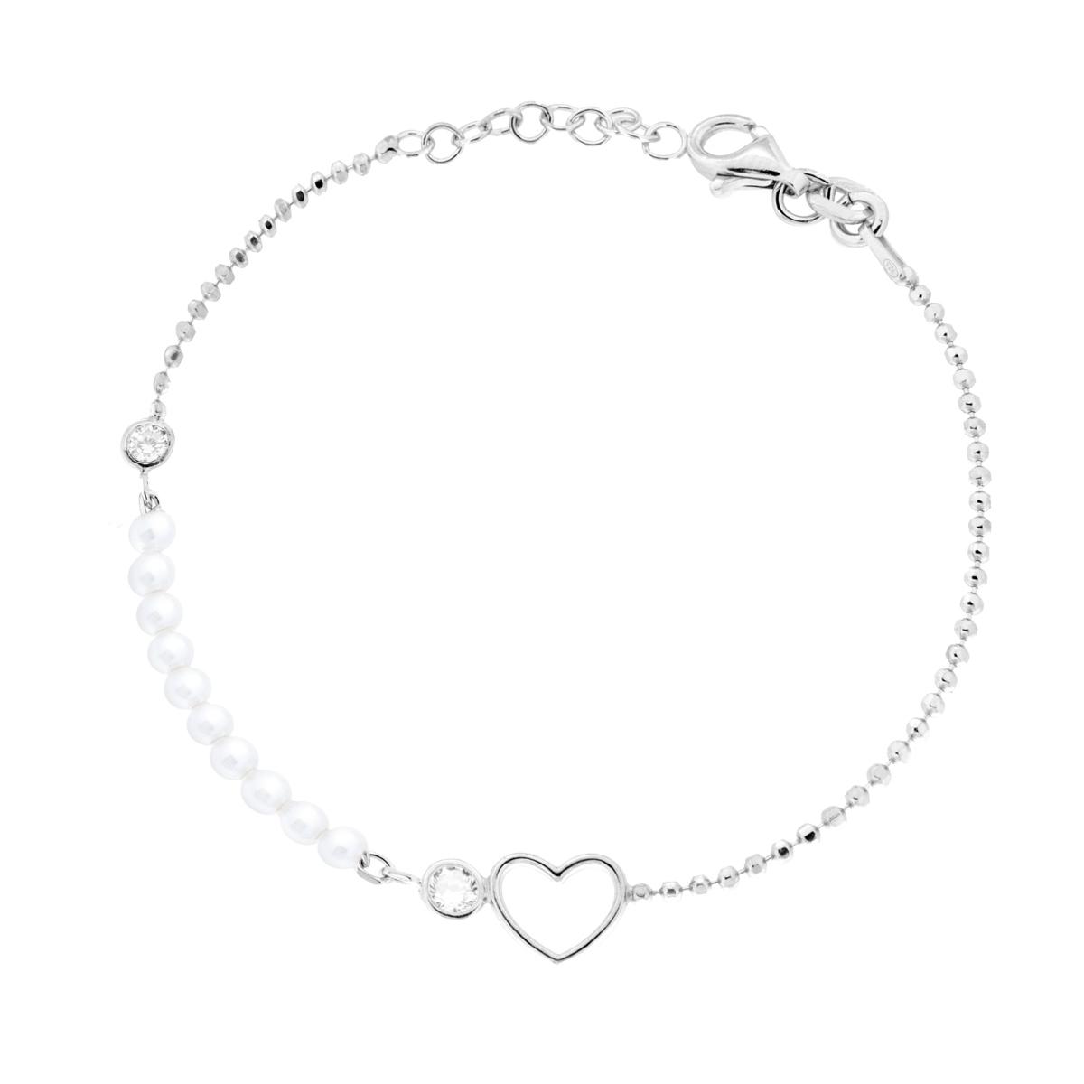 Bracciale Catena Palline Diamantate con Cuore Cubic Zirconia Bianchi e Perle in ARGENTO 925 Galvanica Rodio