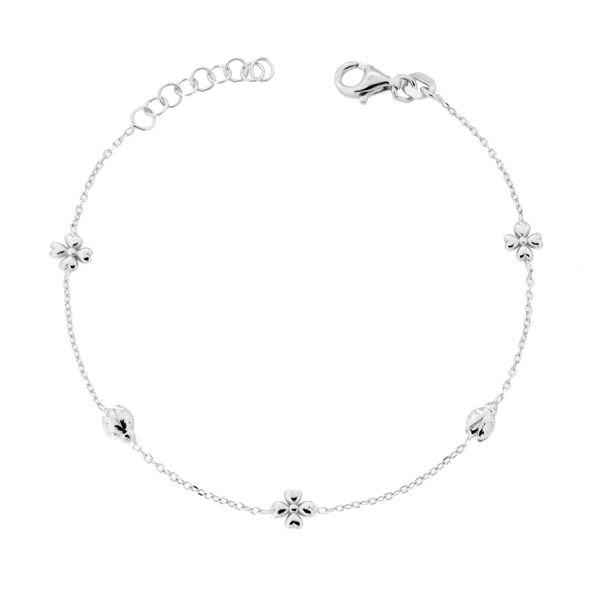 Bracciale Catena Forzatina Diamantata con Coccinelle e Quadrifogli in ARGENTO 925 Galvanica Rodio