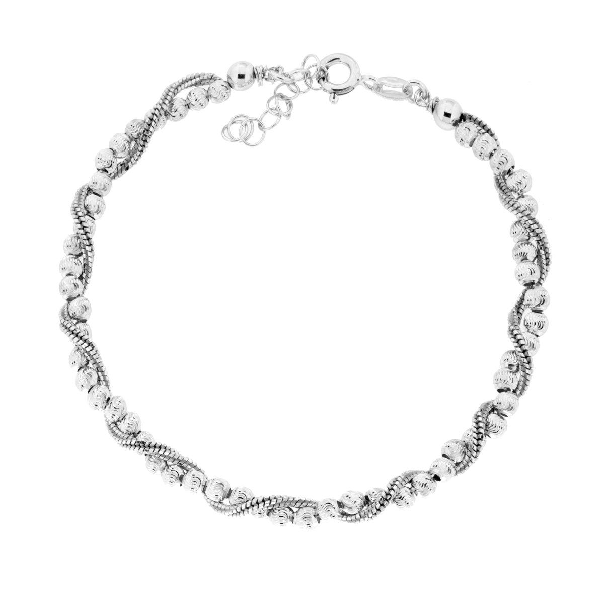 Bracciale due fili Catena Coda di Topo Quadrata intrecciata con Palline Diamantate in ARGENTO 925 Galvanica Rodio