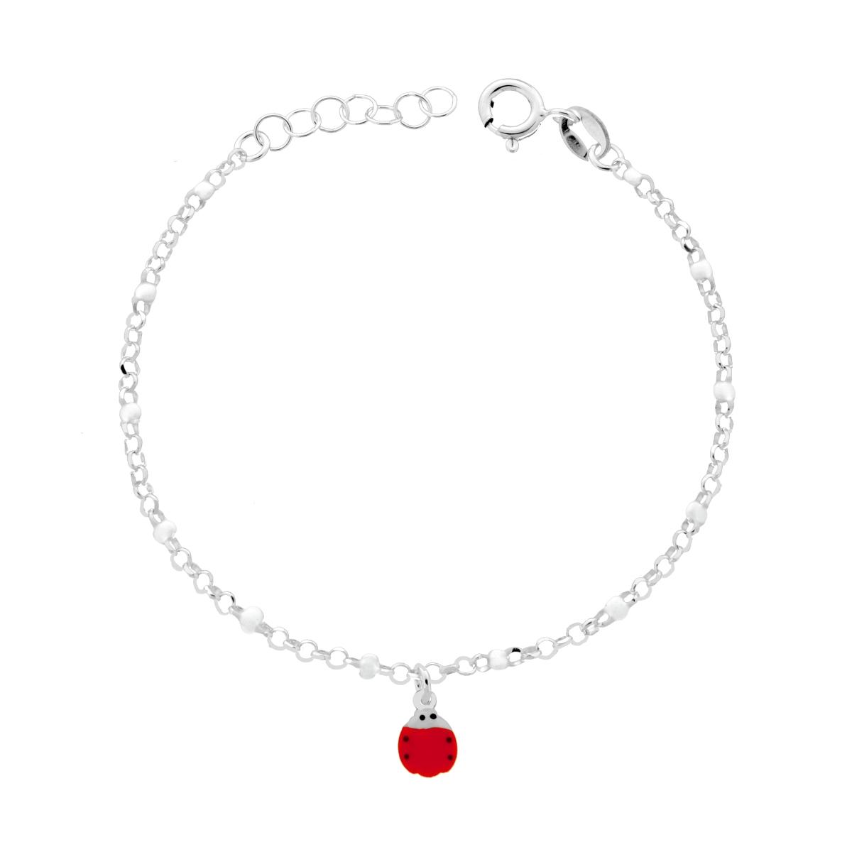 Bracciale Bimbo Bimba Catena Rolo Diamantata con Coccinella smalto Rosso e Bianco in ARGENTO 925