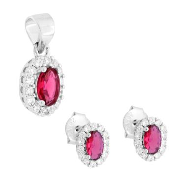 Parure Set Orecchini Ciondolo Ovale Rosso Rubino contornato da Cubic Zirconia Bianchi in ARGENTO 925 Galvanica Rodio