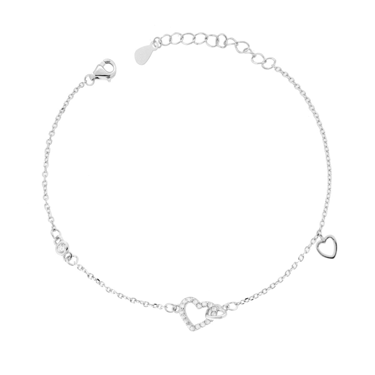Bracciale Catena Rolo Diamantata con Cuore e Cubic Zirconia Bianchi in ARGENTO 925 Galvanica Rodio
