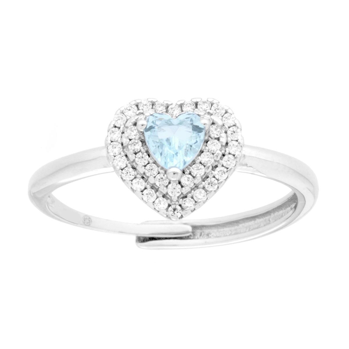 Anello Solitario con Cuore Cubic Zirconia Acquamarina e Bianchi in ARGENTO 925 Galvanica Rodio