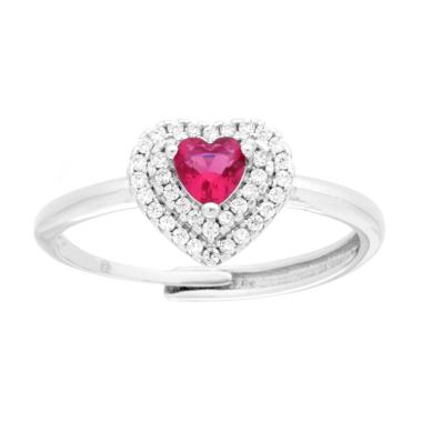 Anello Solitario con Cuore Cubic Zirconia Rosso Rubino e Bianchi in ARGENTO 925 Galvanica Rodio