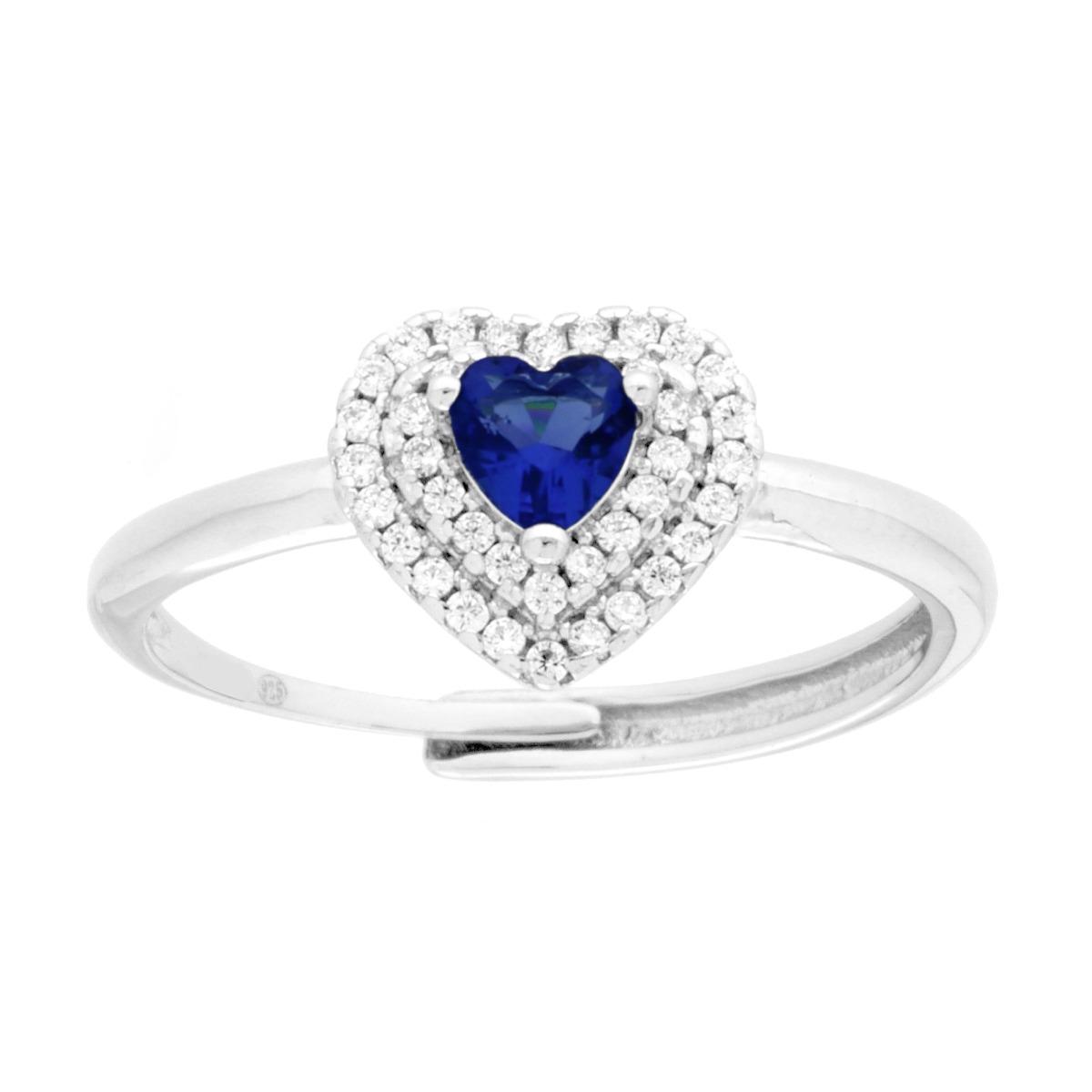 Anello Solitario con Cuore Cubic Zirconia Blu Zaffiro e Bianchi in ARGENTO 925 Galvanica Rodio
