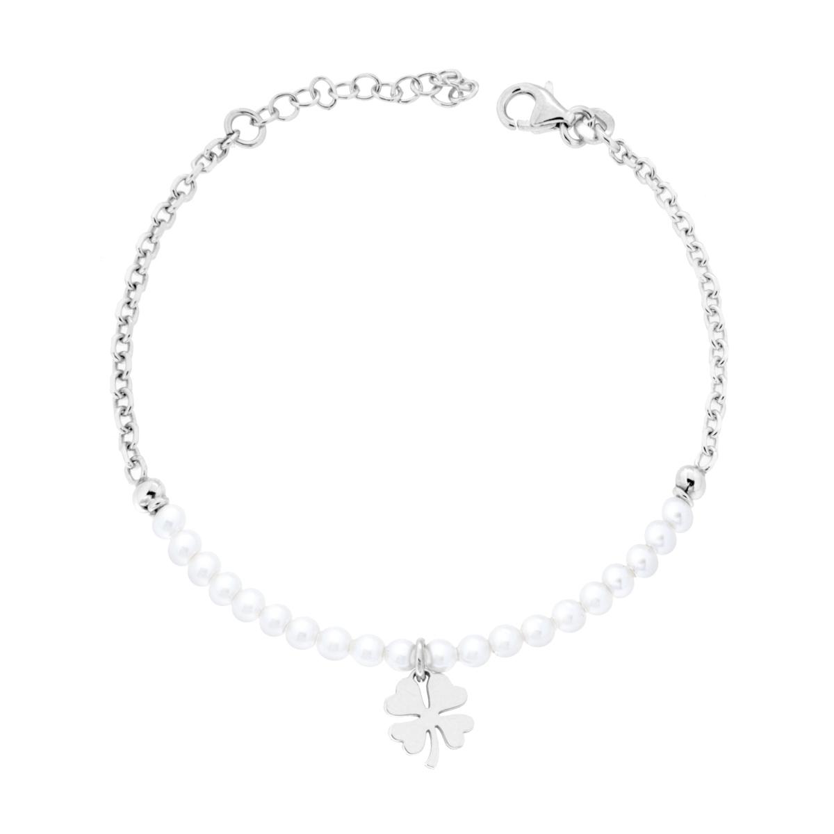 Bracciale Catena Forzatina Diamantata e Filo Perla Bianca in vetro perlato con Quadrifoglio in ARGENTO 925 Galvanica Rodio