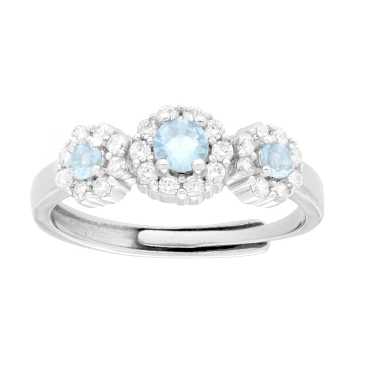 Anello Trilogy Fiore Acquamarina contornato da Cubic Zirconia Bianchi in ARGENTO 925 Galvanica Rodio