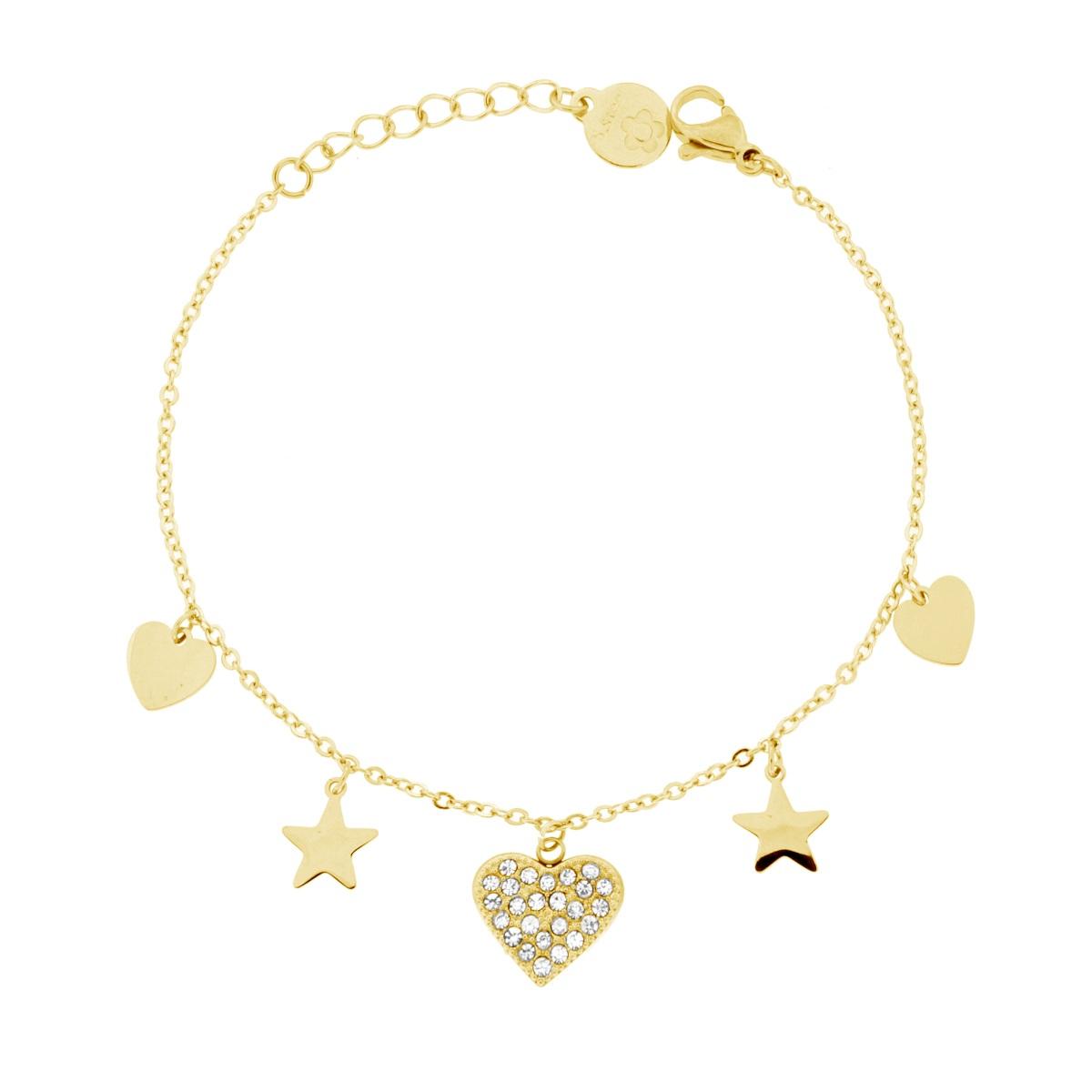 Bracciale Catena Forzatina con Cuori Stelle pendenti e Crystal Bianchi in ACCIAIO colore oro