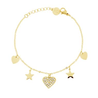 Bracciale Catena Forzatina con Cuori Stelle pendenti e Crystal Bianchi in ACCIAIO colore oro