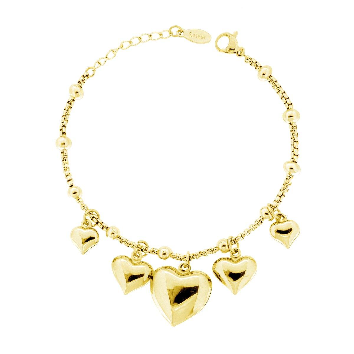Bracciale Catena Veneziana Tonda con Cuori Bombati pendenti in ACCIAIO colore oro