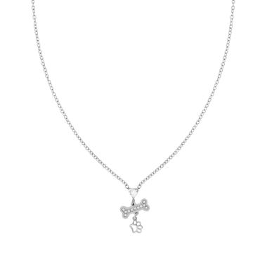 Collana Catena Forzatina Diamantata con Cuore Osso Zampa e Crystal Bianchi in ACCIAIO
