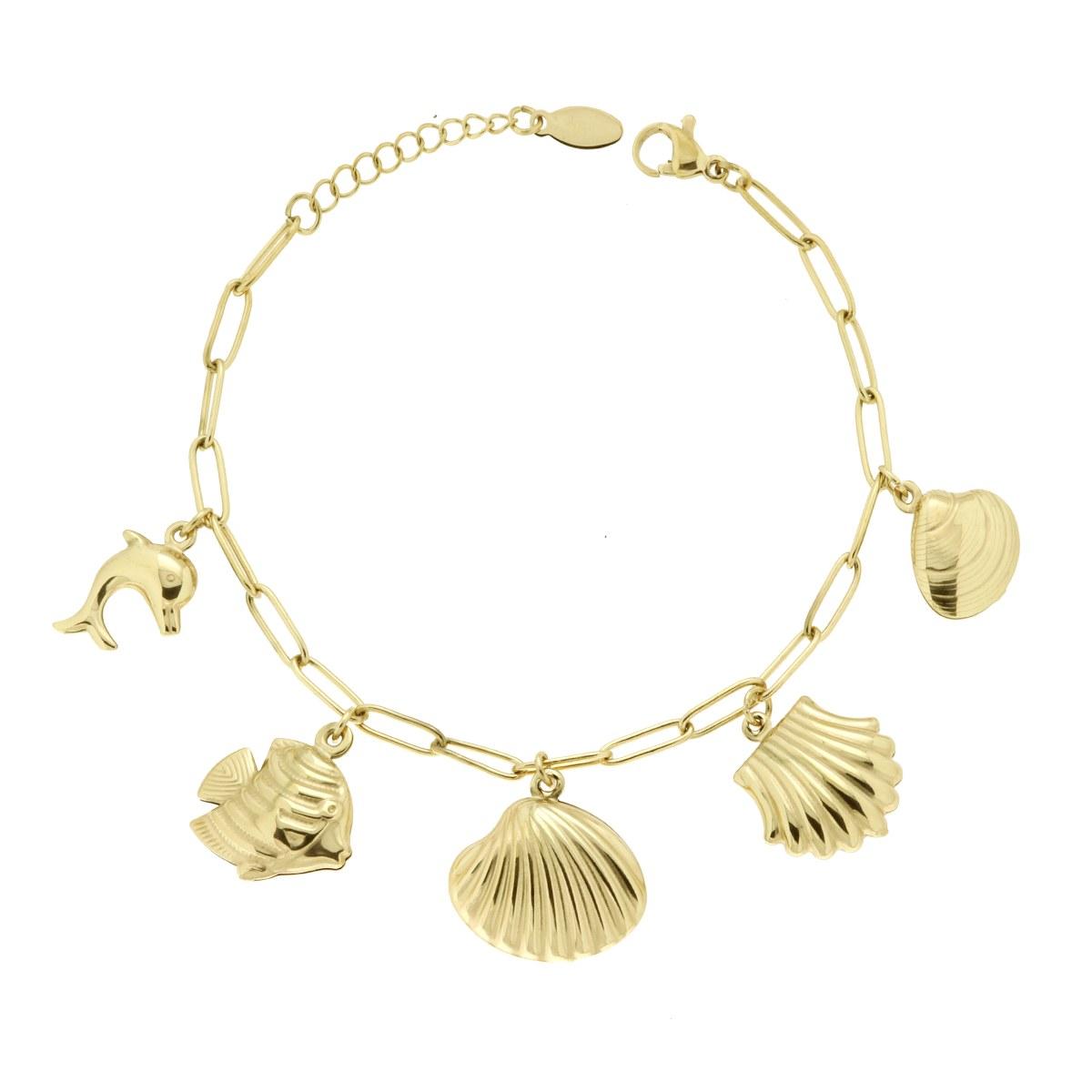 Bracciale Catena Forzatina allungata con Conchiglie Delfino e Pesci in ACCIAIO colore Oro