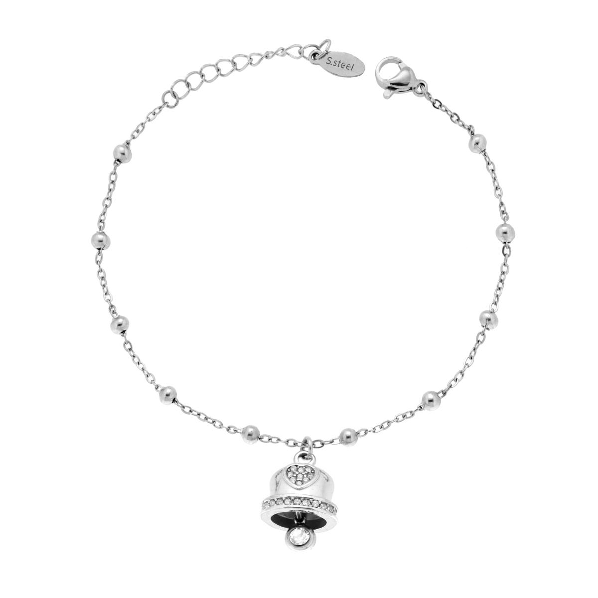 Bracciale Catena Forzatina Diamantata con Campanella e Crystal Bianchi in ACCIAIO