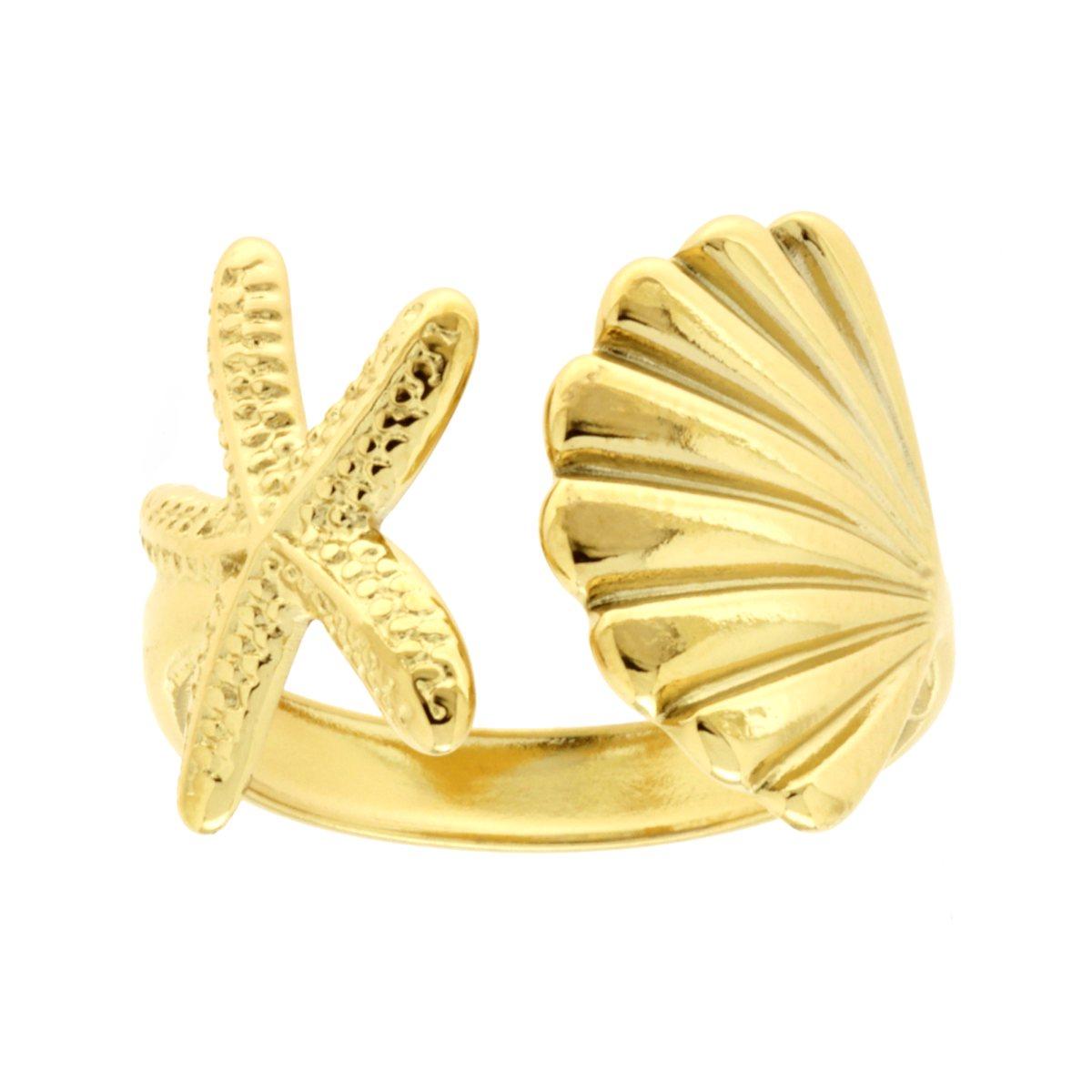 Anello Contrarie con Accessori Mare Conchiglia e Stella Marina in ACCIAIO colore Oro