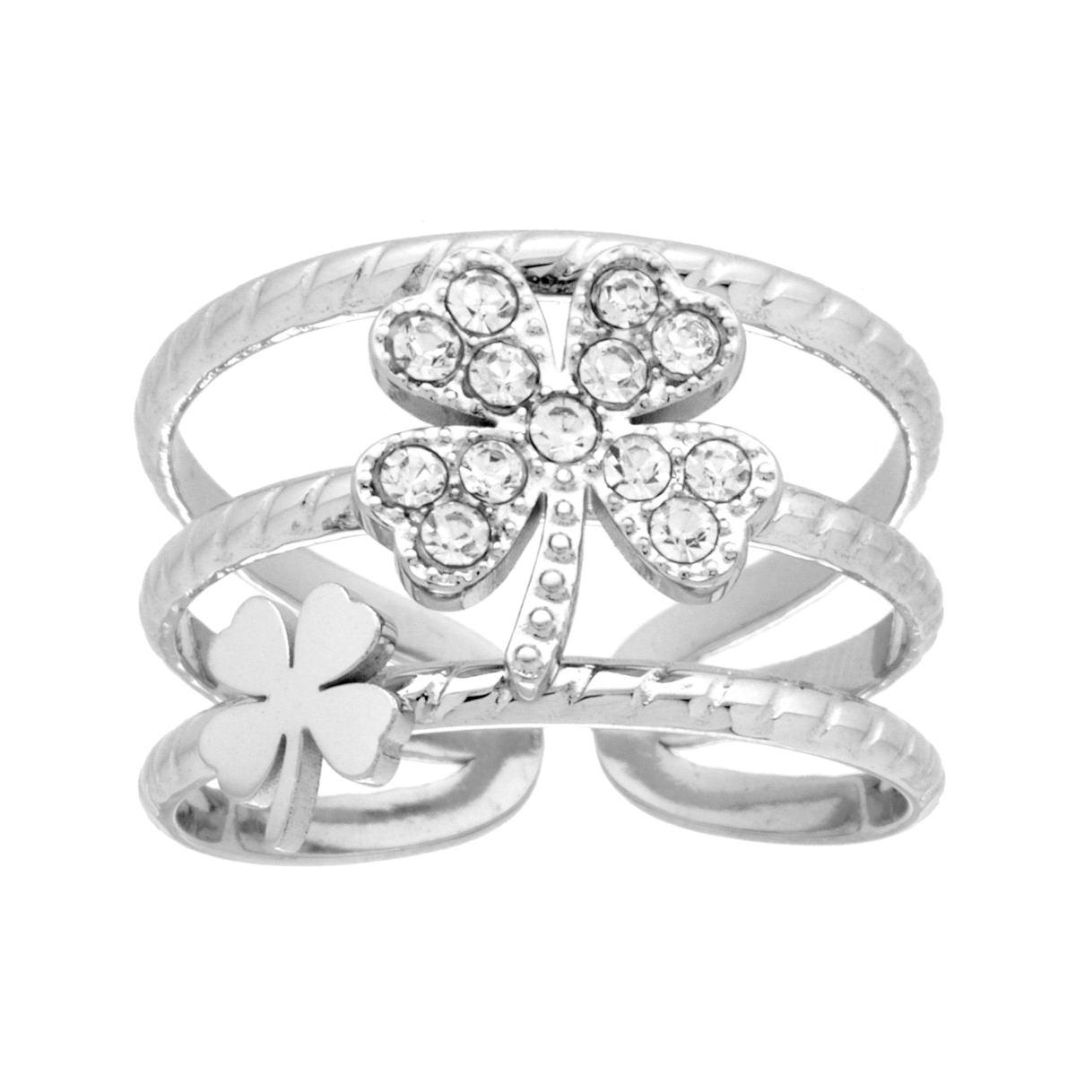 Anello Fascia Multifilo con Quadrifogli e Crystal Bianchi in ACCIAIO