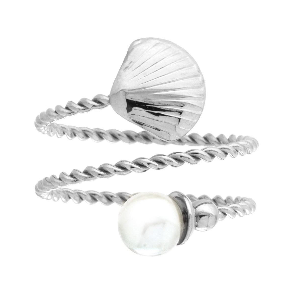 Anello Contrarie filo Torchon con Conchiglia e Perla in ACCIAIO