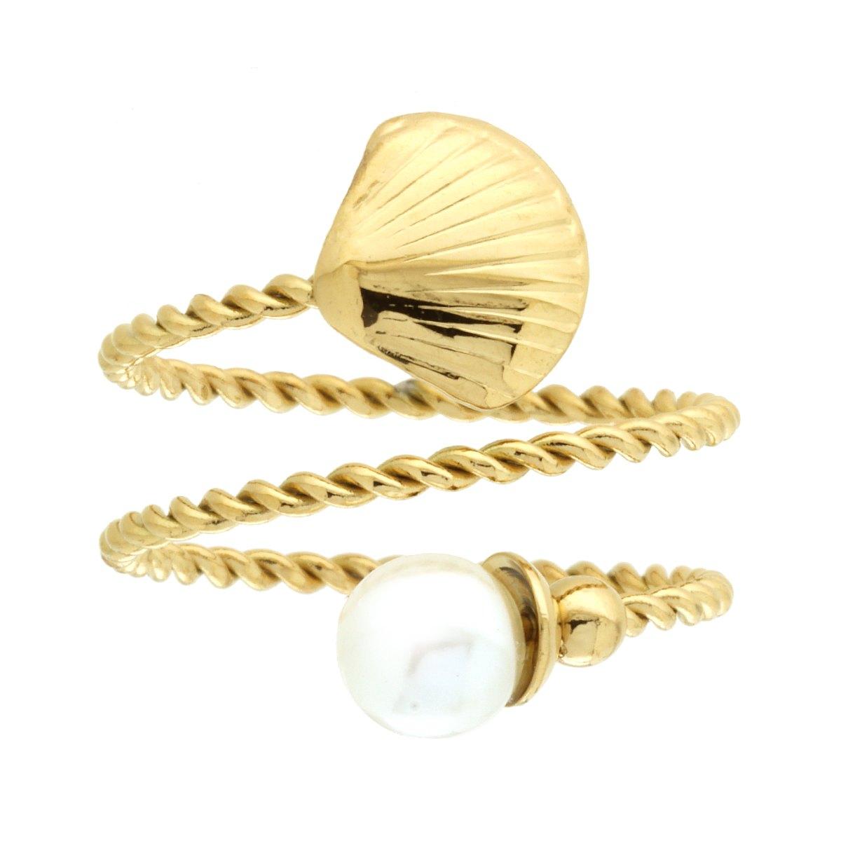 Anello Contrarie filo Torchon con Conchiglia e Perla in ACCIAIO colore Oro