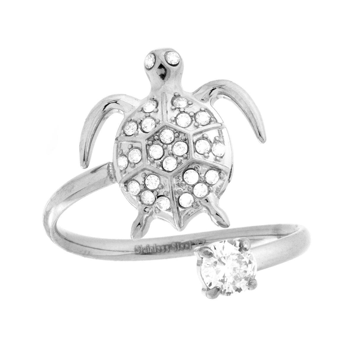 Anello filo Contrarie Tartaruga e Punto Luce con Crystal Bianchi in ACCIAIO