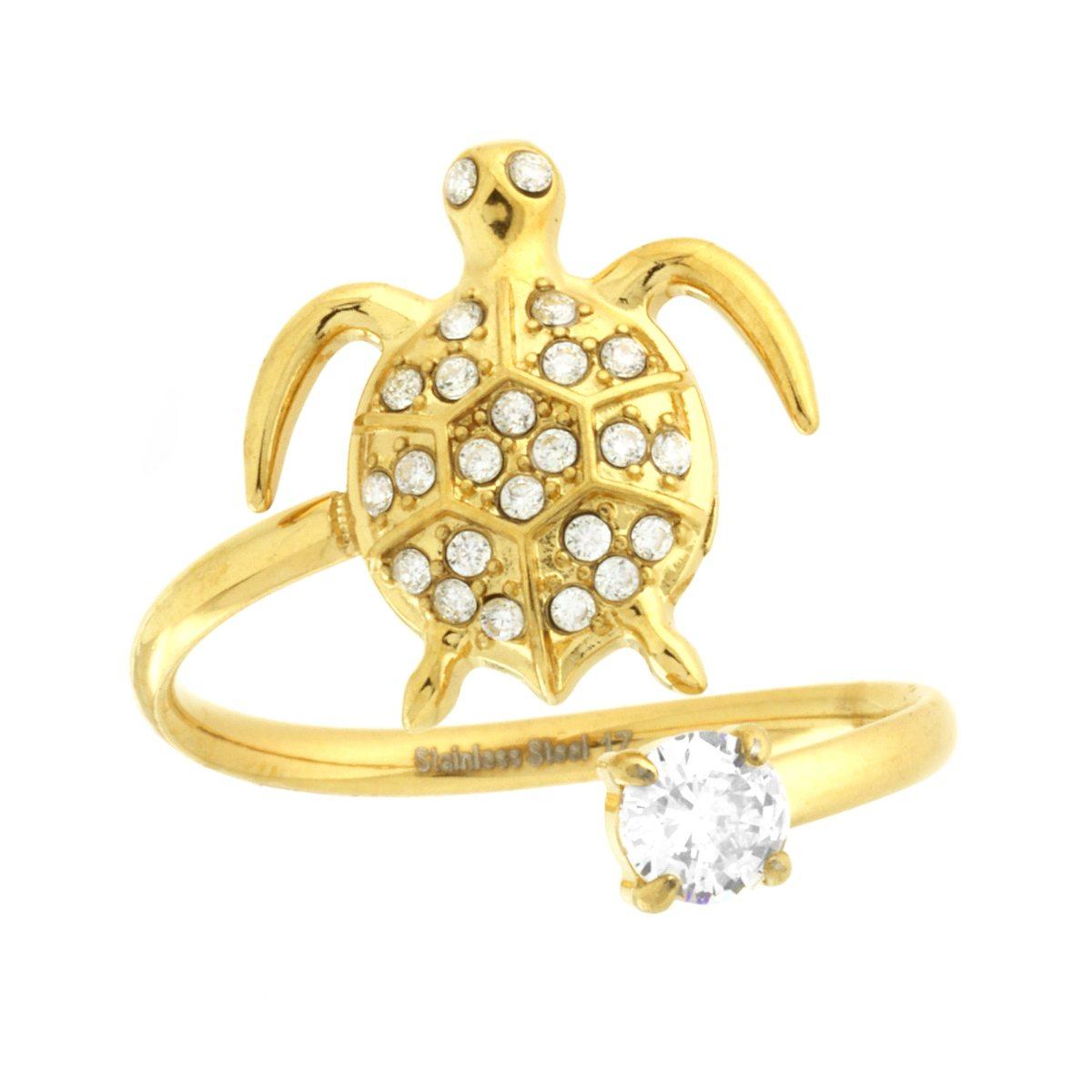 Anello filo Contrarie Tartaruga e Punto Luce con Crystal Bianchi in ACCIAIO colore Oro