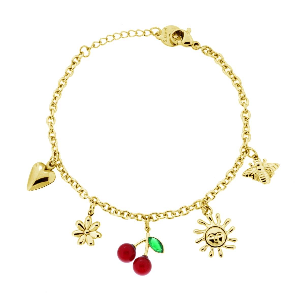 Bracciale Catena Forzatina con Charms Sole Ape Fiore Cuore Ciliegie con Smalto Rosso e Crystal Verde Smaraldo in ACCIAIO colore Oro