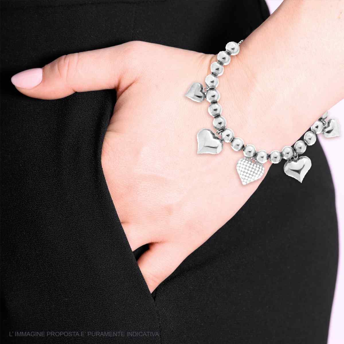 Bracciale Catena Palline con Cuori bombati e Crystal Bianchi in ACCIAIO