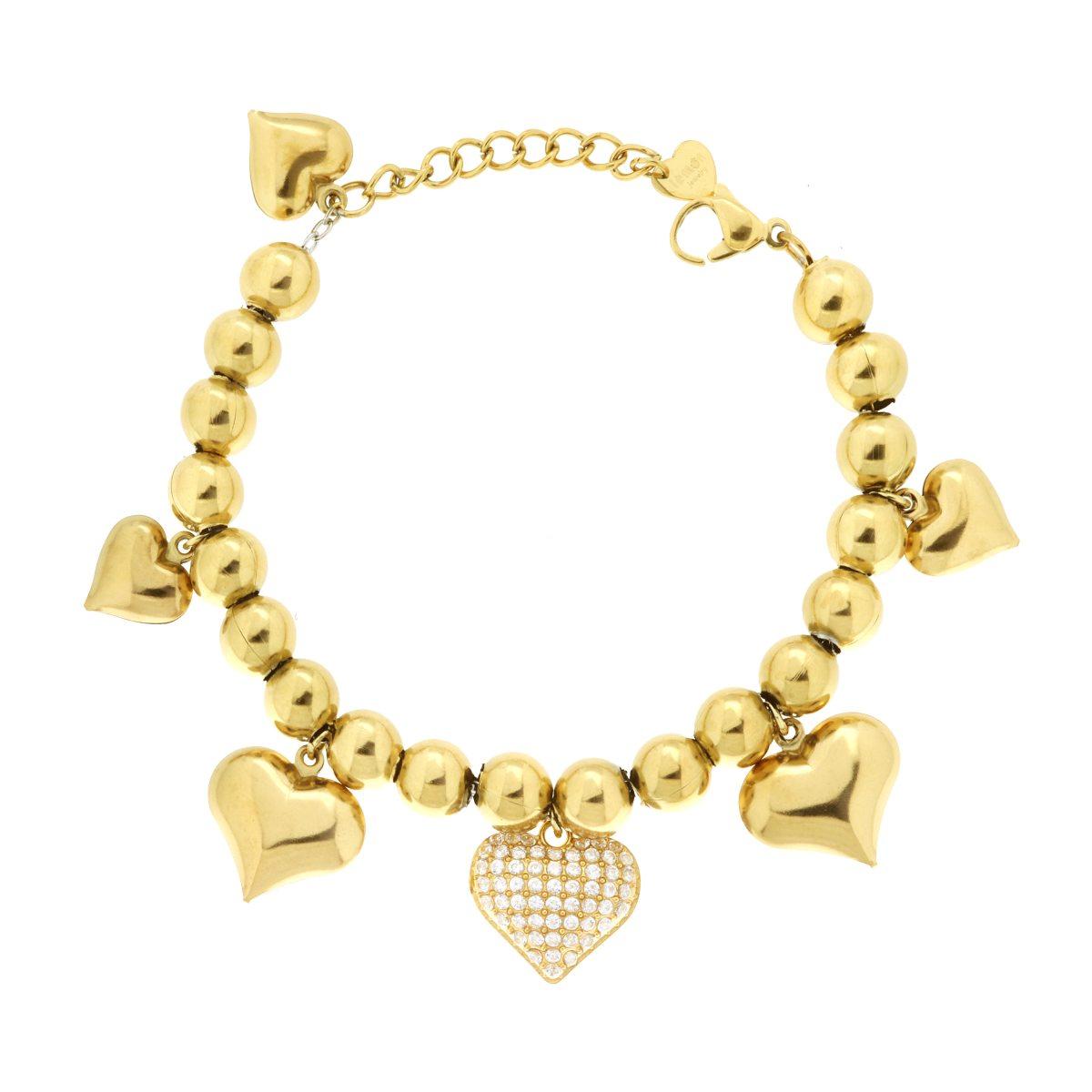 Bracciale Catena Palline con Cuori bombati e Crystal Bianchi in ACCIAIO colore Oro