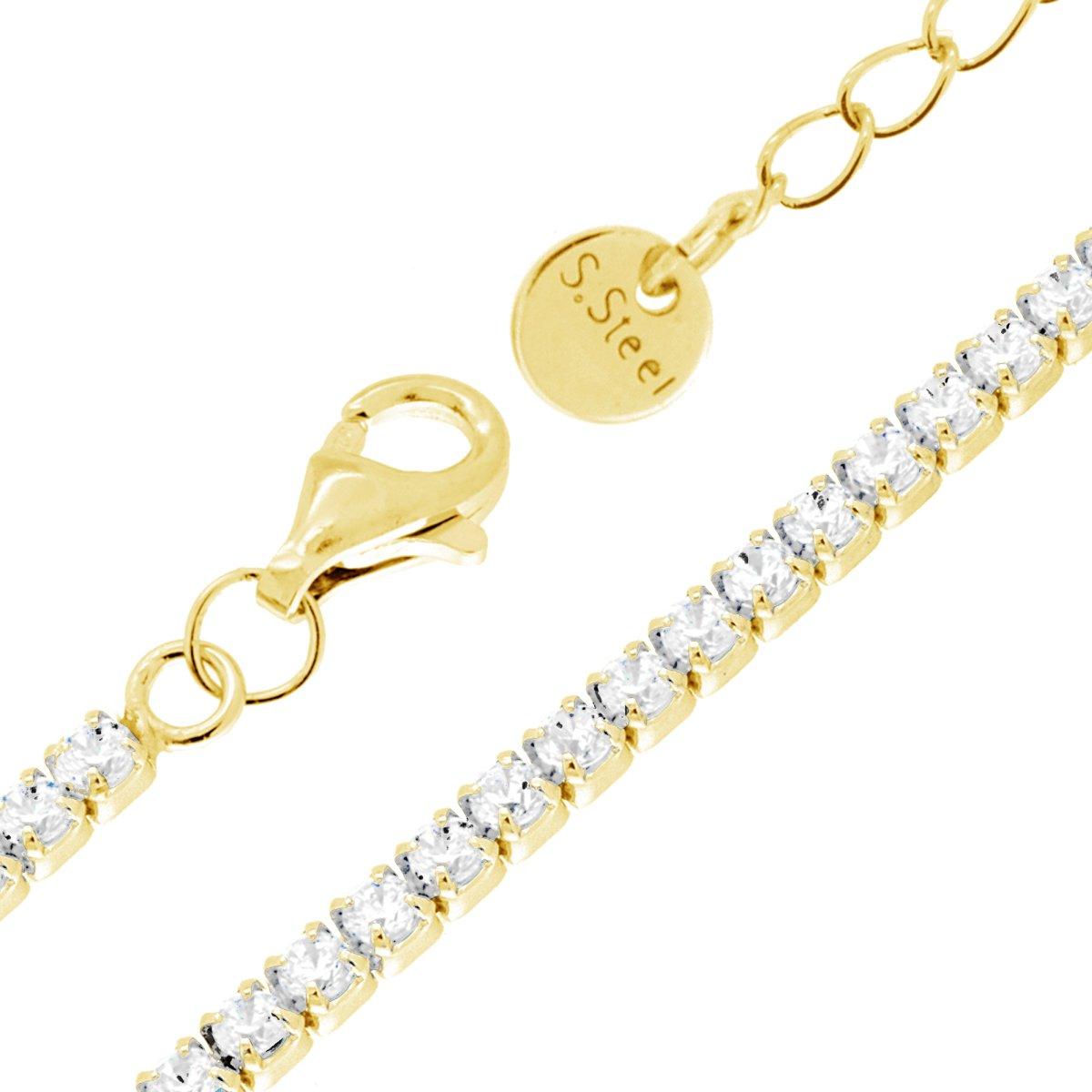 Bracciale Tennis Griffe cm 17+5 con Crystal mm 2 Bianco in ACCIAIO colore Oro