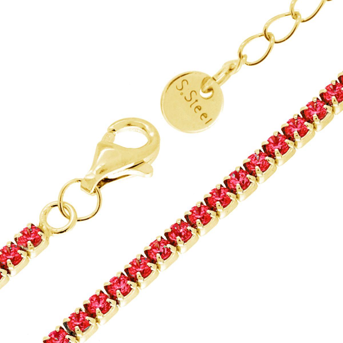 Bracciale Tennis Griffe cm 17+5 con Crystal mm 2 Rosso Rubino in ACCIAIO colore Oro