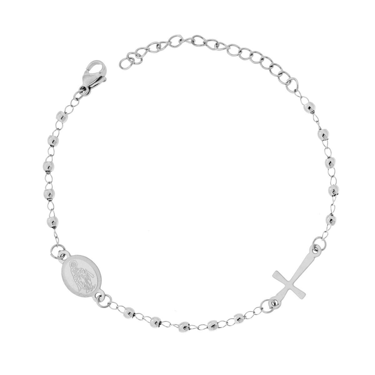 Bracciale Rosario cm 18+5 con Grani Pallina Liscia mm 3 con Croce e Medaglia Madonna in ACCIAIO