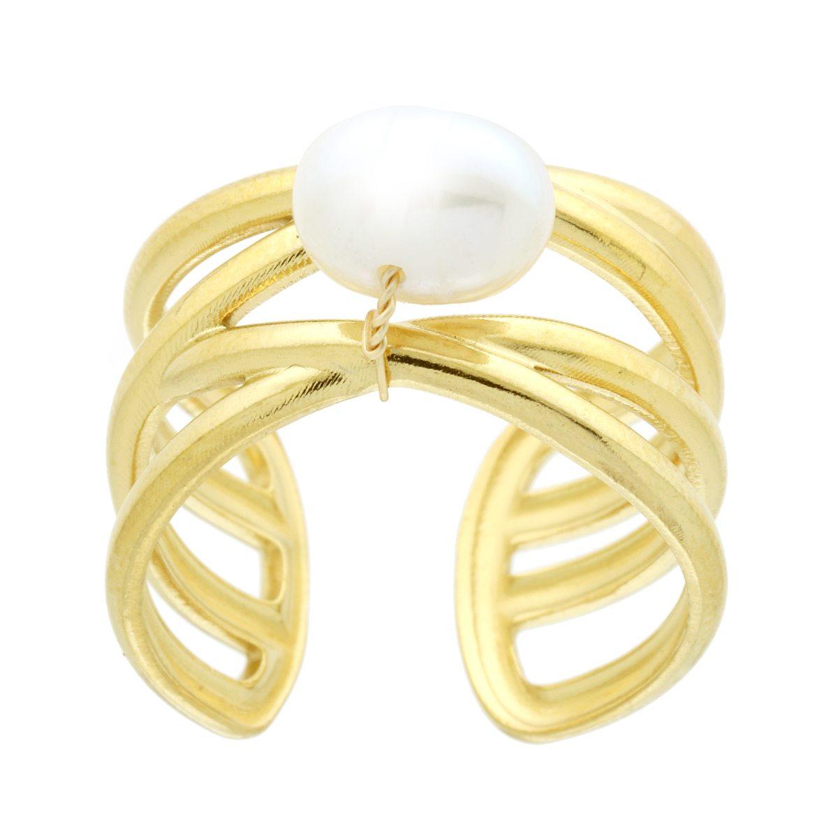 Anello Fascione Multifilo con Perla in ACCIAIO color Oro