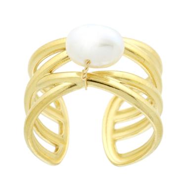 Anello Fascione Multifilo con Perla in ACCIAIO color Oro