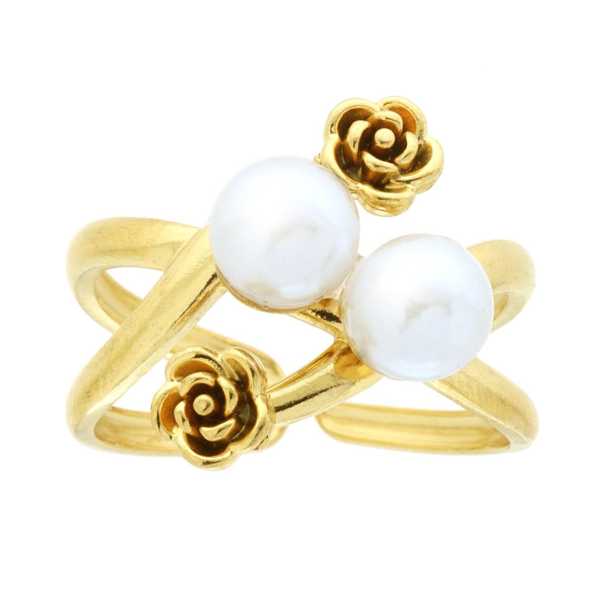 Anello filo con Perle Bianche e Rose in ACCIAIO colore Oro