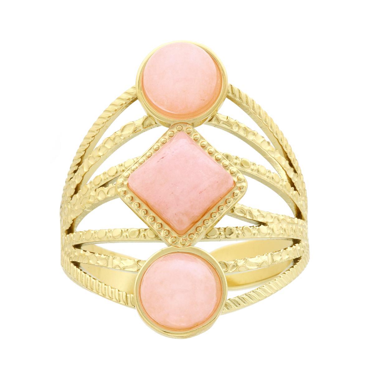 Anello Fascione Multifilo con Pietre colore Quarzo Rosa in ACCIAIO colore Oro