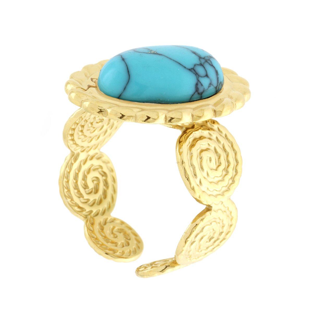 Anello Fascia con Spirali effetto Corda con Pietra Ovale colore Turchese in ACCIAIO colore Oro